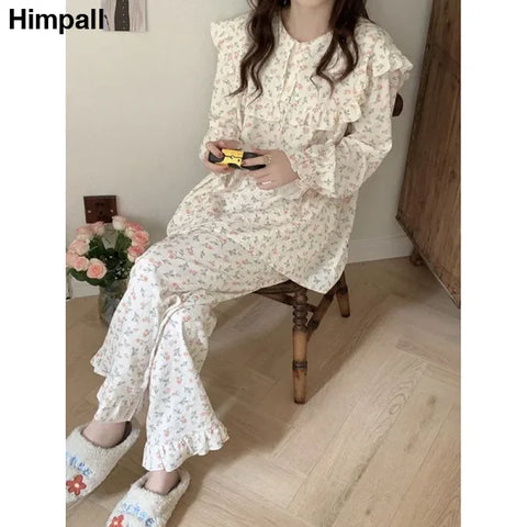 Floral Print Women Pajama Suit - Ruffled Long Sleeve Sleepwear