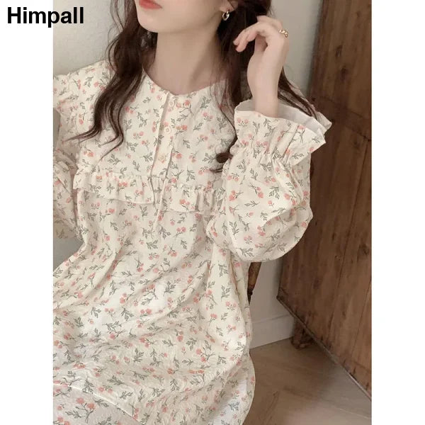 Floral Print Women Pajama Suit - Ruffled Long Sleeve Sleepwear