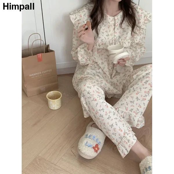 Floral Print Women Pajama Suit - Ruffled Long Sleeve Sleepwear