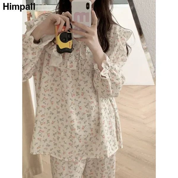 Floral Print Women Pajama Suit - Ruffled Long Sleeve Sleepwear