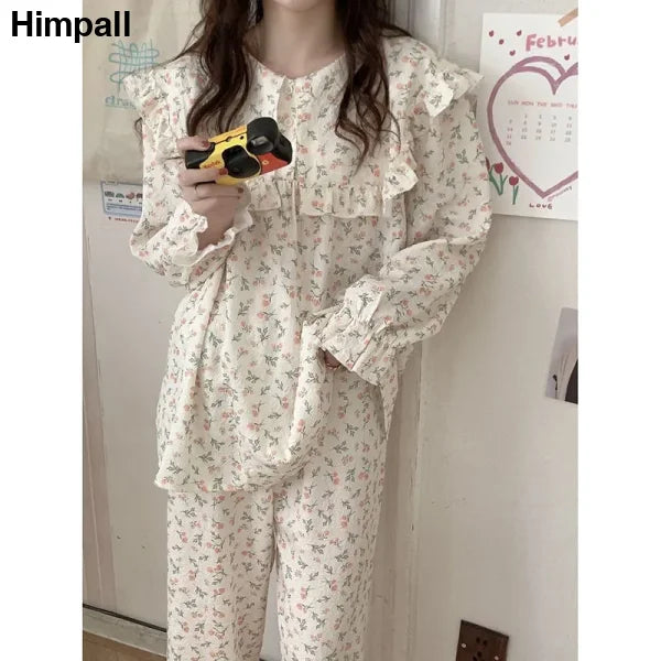 Floral Print Women Pajama Suit - Ruffled Long Sleeve Sleepwear - Beige / XXL(65kg-72kg)