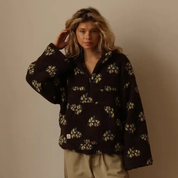 Floral Pullover with Pocket – Casual Street Style Sweatshirt - Coffee Color / L - Earrings