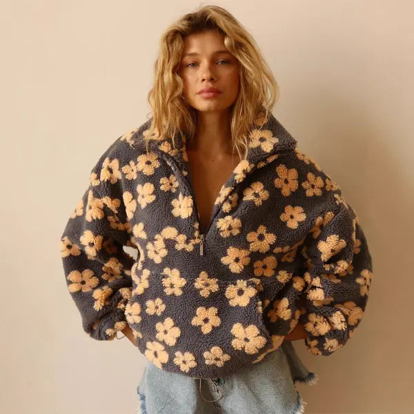 Floral Pullover with Pocket – Casual Street Style Sweatshirt - Earrings