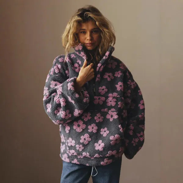 Floral Pullover with Pocket – Casual Street Style Sweatshirt - Earrings