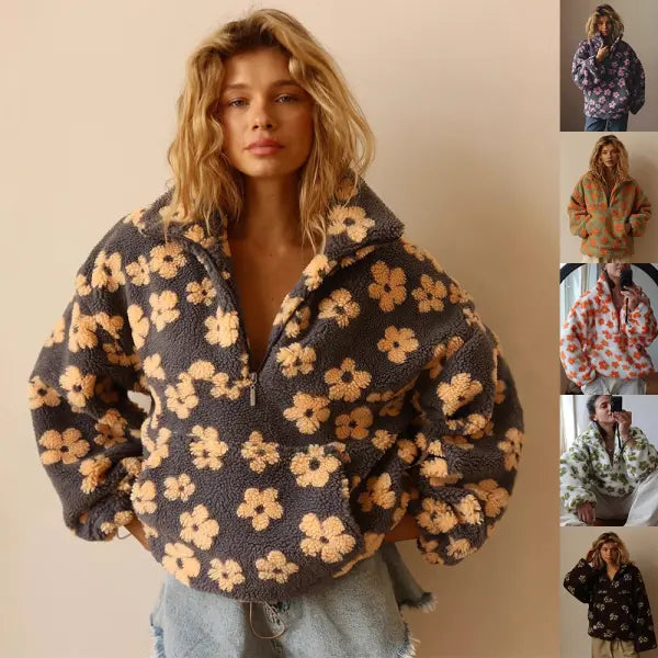 Floral Pullover with Pocket – Casual Street Style Sweatshirt - Earrings
