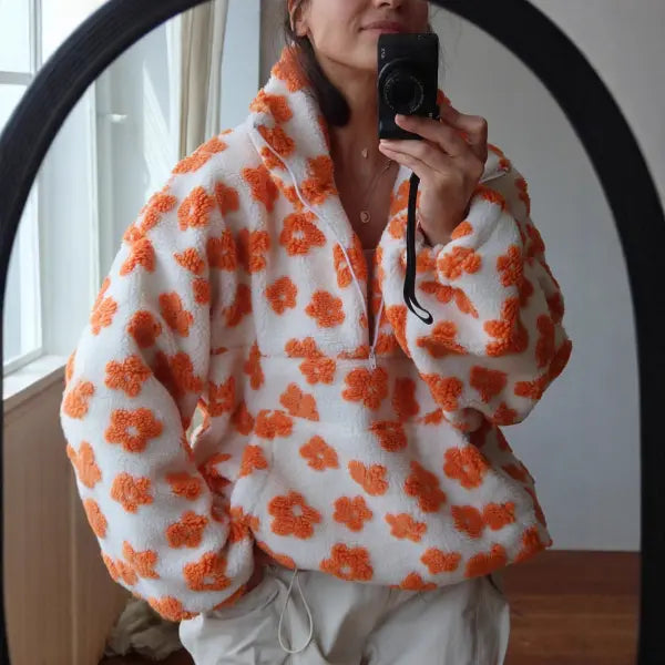 Floral Pullover with Pocket – Casual Street Style Sweatshirt - Orange / L - Earrings
