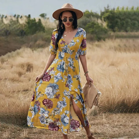 Floral Summer Beach Dress With V Neck Elastic Waist Dresses For Women - Yellow / L
