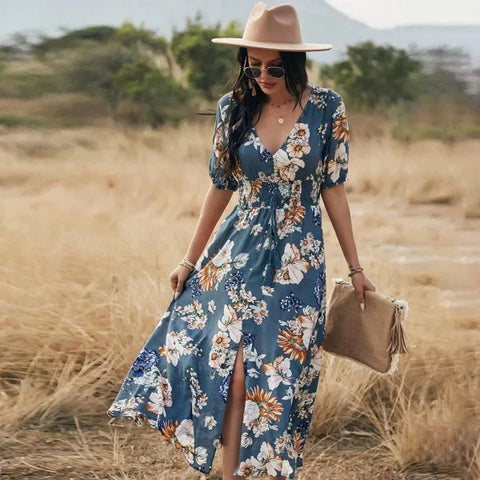 Floral Summer Beach Dress With V Neck Elastic Waist Dresses For Women - Blue / L