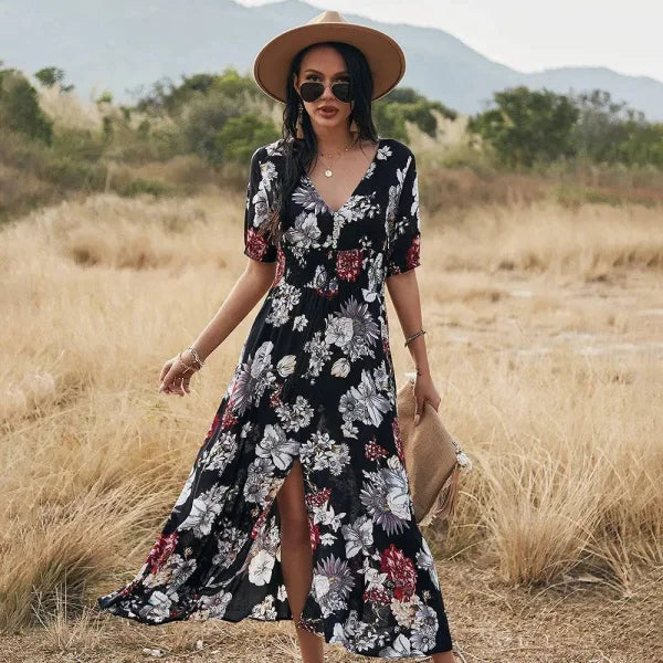 Floral Summer Beach Dress With V Neck Elastic Waist Dresses For Women - Black / L
