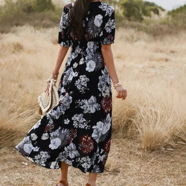 Floral Summer Beach Dress With V Neck Elastic Waist Dresses For Women