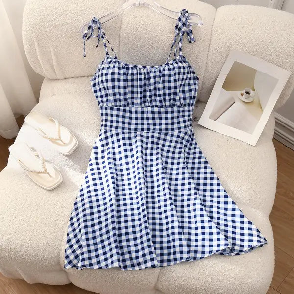 Floral Summer Dress Plus Sizes – Slimming A-Line Casual Wear - Blue plaid / L - None