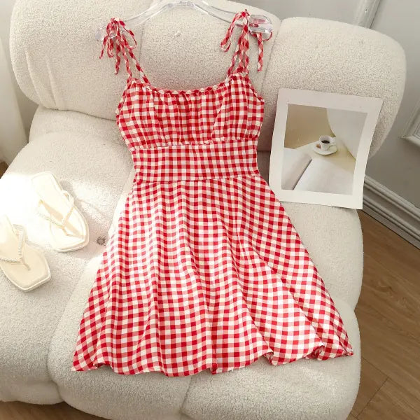 Floral Summer Dress Plus Sizes – Slimming A-Line Casual Wear - Red plaid / L - None