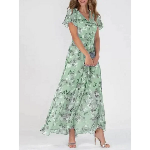 Vintage Dress - Floral V-Neck Maxi Dress for Women’s Summer Fashion - Green / XXXL