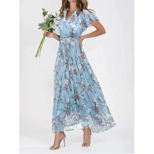 Vintage Dress - Floral V-Neck Maxi Dress for Women’s Summer Fashion - Lake Blue / XXXL