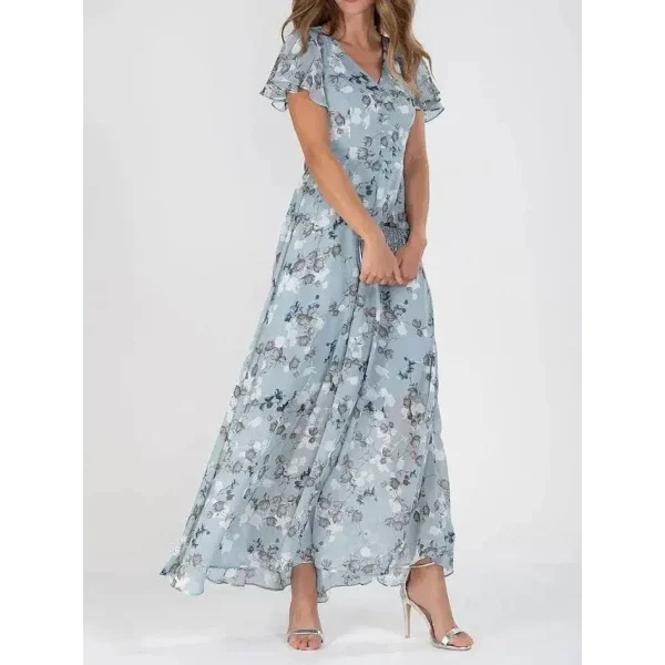 Vintage Dress - Floral V-Neck Maxi Dress for Women’s Summer Fashion - Light Blue / XXXL