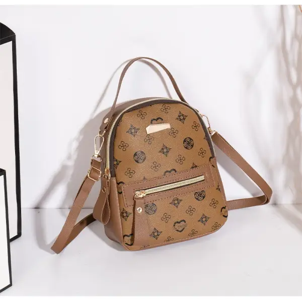 Floral PU Leather School Bag and Ladies Fashion Flower Backpack - Khaki