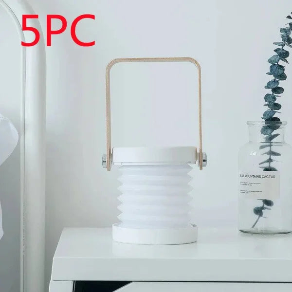 White foldable night light with wooden handle, adjustable LED touch control lamp