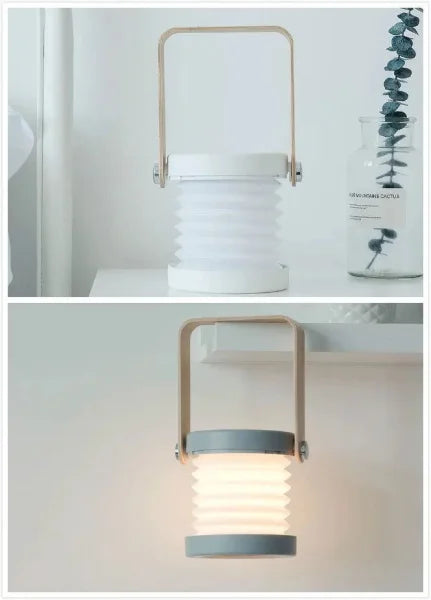 Foldable night light with glow-in-the-dark white lantern and wooden handle, touch control lamp
