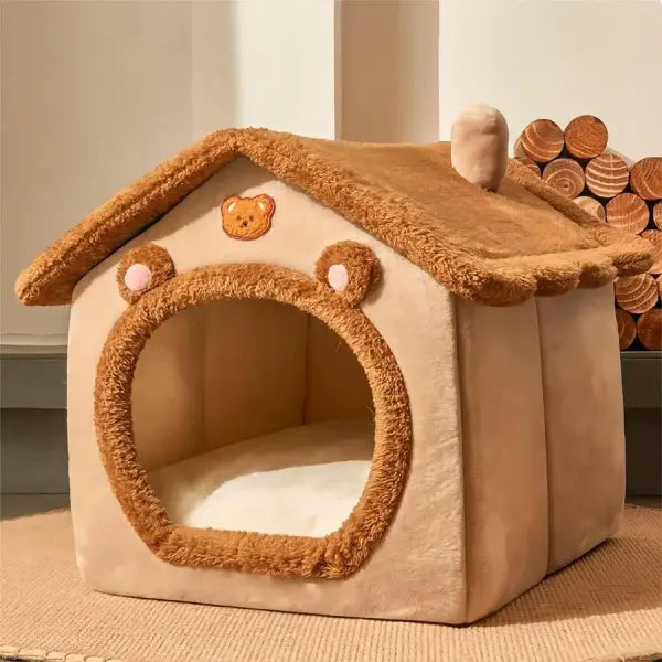 Foldable 2-in-1 Pet House & Sofa: Washable Puppy Cave & Cat Bed for Small to Medium Pets - Tea Brown / L