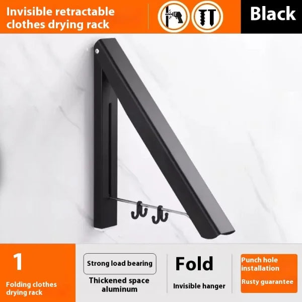 Punch-Free Foldable Wall Hanger - Space Aluminum Waterproof & Retractable - Black