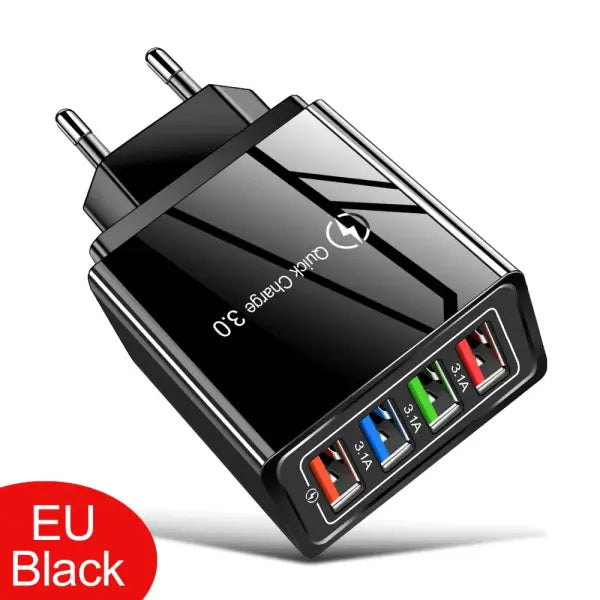 Quick Charge 20W USB Charger 4 Port Adapter for Universal Fast Charging - EU Full Black