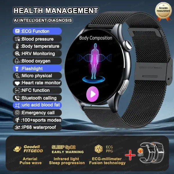 Blood Pressure Monitoring Smart Watch with Advanced Health Analysis - Black Mesh Belt 2 / LED Health Watch