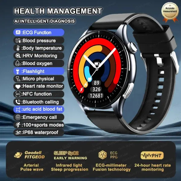 Blood Pressure Monitoring Smart Watch with Advanced Health Analysis - Black / LED Health Watch