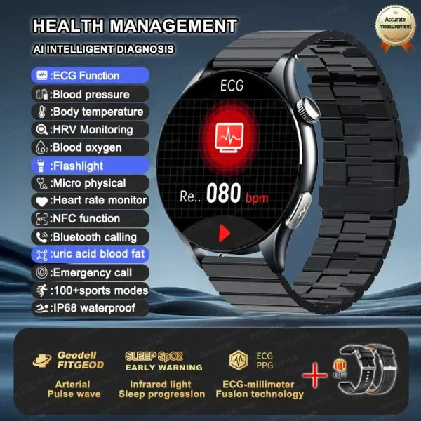Blood Pressure Monitoring Smart Watch with Advanced Health Analysis - Black Steel B2 / LED Health Watch