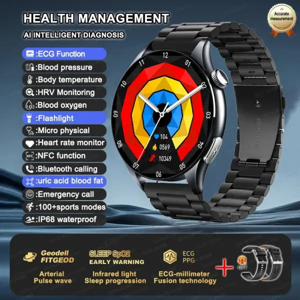 Blood Pressure Monitoring Smart Watch with Advanced Health Analysis - Black Steel 2 / LED Health Watch
