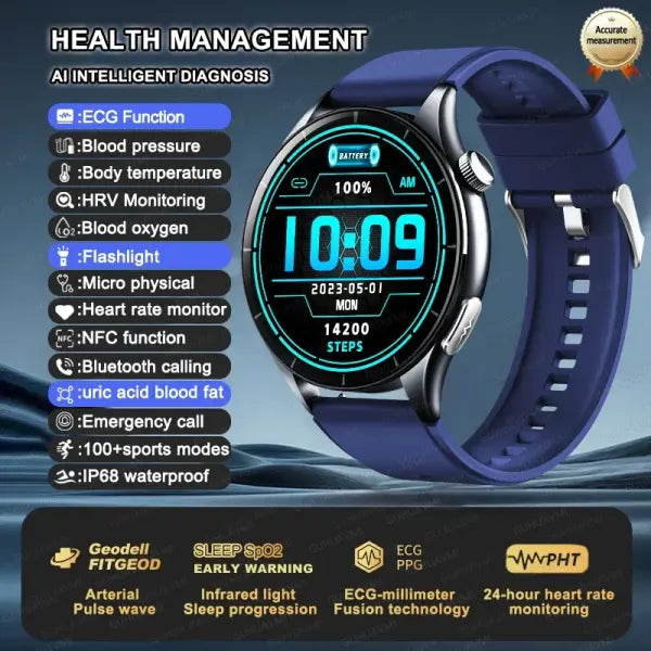 Blood Pressure Monitoring Smart Watch with Advanced Health Analysis - Blue / LED Health Watch