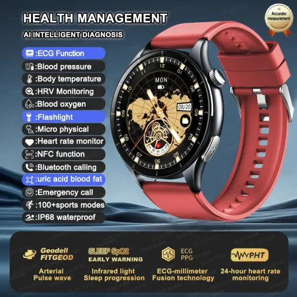 Blood Pressure Monitoring Smart Watch with Advanced Health Analysis - Red / LED Health Watch