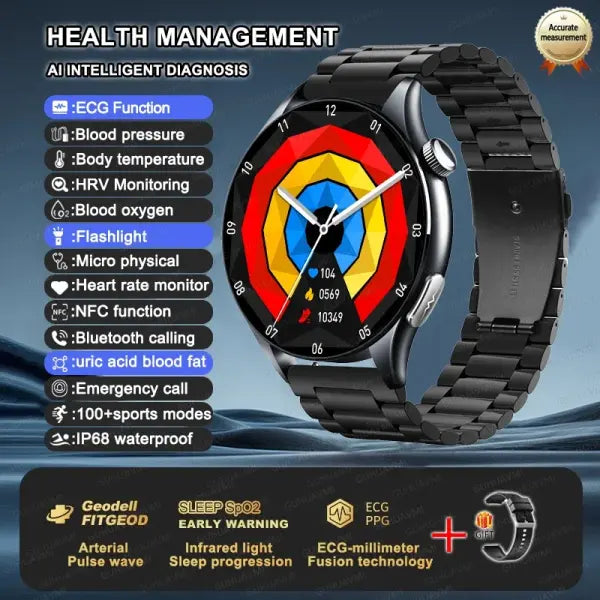 Blood Pressure Monitoring Smart Watch with Advanced Health Analysis - Black Leather / LED Health Watch