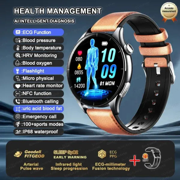 Blood Pressure Monitoring Smart Watch with Advanced Health Analysis - Brown Leather / LED Health Watch