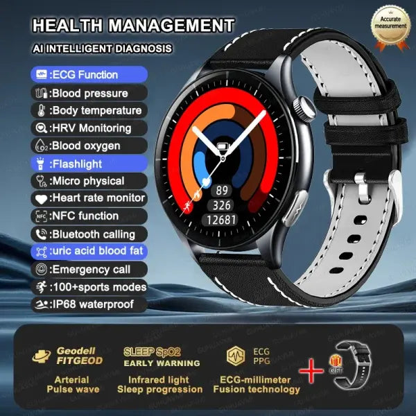Blood Pressure Monitoring Smart Watch with Advanced Health Analysis - Starlight Leather / LED Health Watch