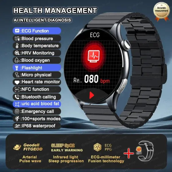 Blood Pressure Monitoring Smart Watch with Advanced Health Analysis - Black Steel B / LED Health Watch