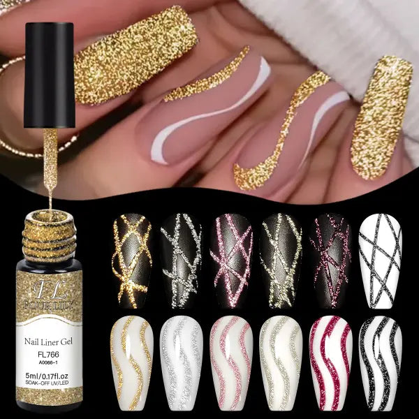 FOUR LILY 5ml Reflective Glitter Liner Nail Gel Polish Gold Silver Red Sparkling Nail Supplies UV/LED Varnish Painting