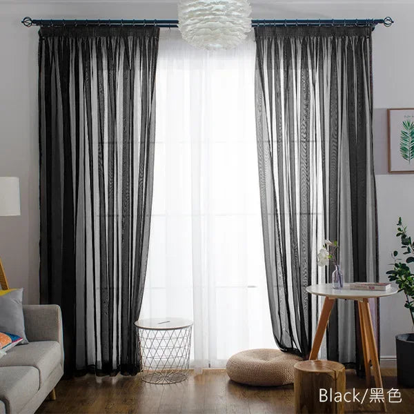 Free Custom Sheer Tulle Curtains - Heat Insulation & Rod Pocket Voile - Black / W100 x H130 cm / Rod Pocket