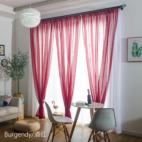 Free Custom Sheer Tulle Curtains - Heat Insulation & Rod Pocket Voile - Wine red / W100 x H130 cm / Rod Pocket