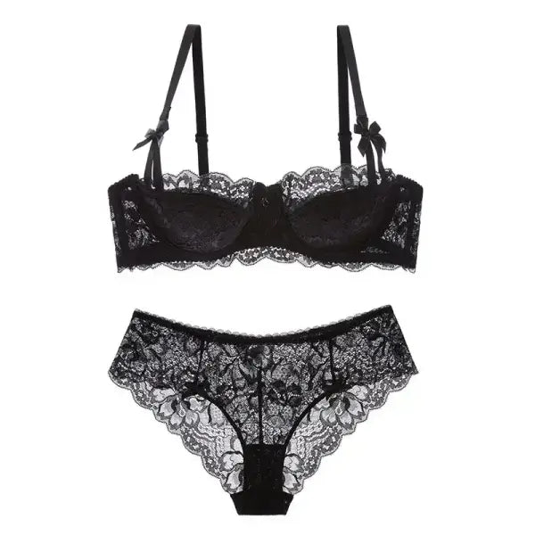 French Romantic Lace Bra Style Mold Cup Slim Push Up Underwear Set - black -Set / 80A