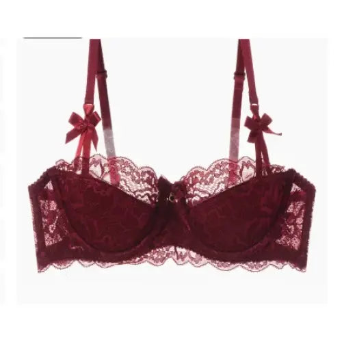 French Romantic Lace Bra Style Mold Cup Slim Push Up Underwear Set - Red Bra / 85A