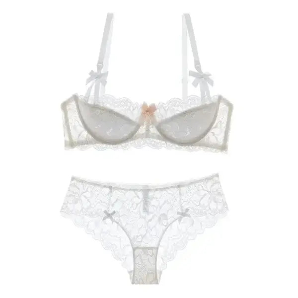 French Romantic Lace Bra Style Mold Cup Slim Push Up Underwear Set - White-Set / 85B