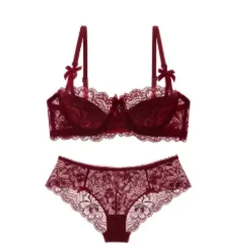 French Romantic Lace Bra Style Mold Cup Slim Push Up Underwear Set - Red Set / 70B