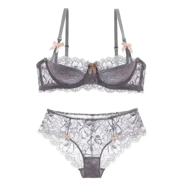 French Romantic Lace Bra Style Mold Cup Slim Push Up Underwear Set - Grey-Set / 85B
