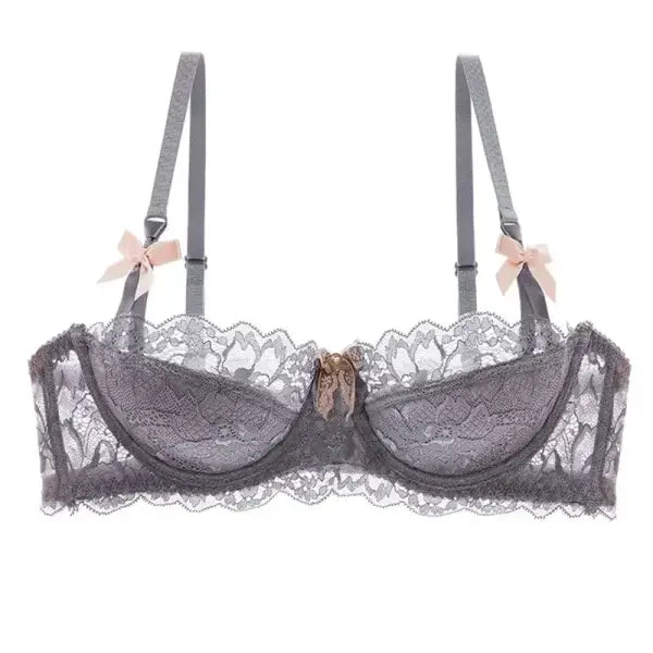 French Romantic Lace Bra Style Mold Cup Slim Push Up Underwear Set - grey / 85B