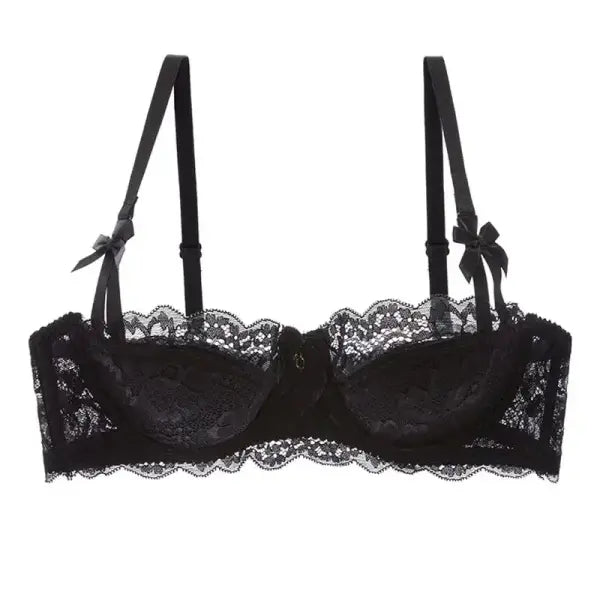 French Romantic Lace Bra Style Mold Cup Slim Push Up Underwear Set - black / 85B