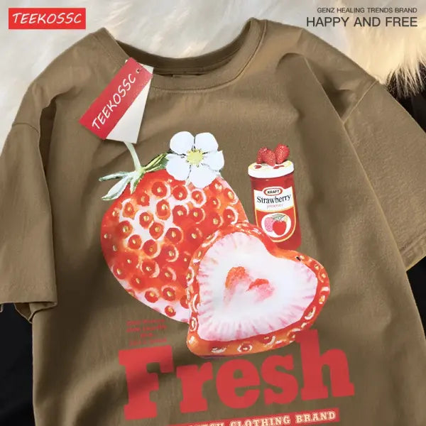 Fresh Strawberry Graphic T-Shirt – American Retro Short Sleeve Tee for Men & Women Loose Trendy Fit - Brown / M