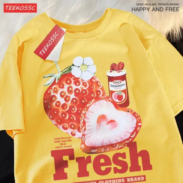 Fresh Strawberry Graphic T-Shirt – American Retro Short Sleeve Tee for Men & Women Loose Trendy Fit - Yellow / XXXL