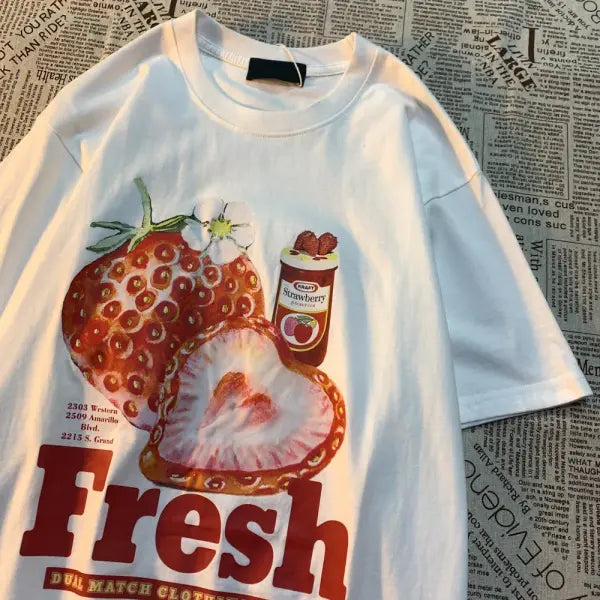 Fresh Strawberry Graphic T-Shirt – American Retro Short Sleeve Tee for Men & Women Loose Trendy Fit - white / M