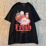 Fresh Strawberry Graphic T-Shirt – American Retro Short Sleeve Tee for Men & Women Loose Trendy Fit