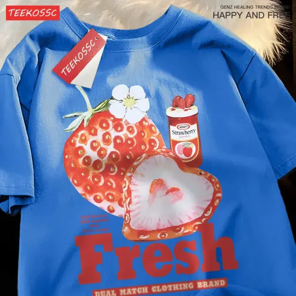 Fresh Strawberry Graphic T-Shirt – American Retro Short Sleeve Tee for Men & Women Loose Trendy Fit - Blue / XL